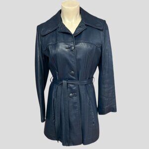 Vintage Emsleigh Royal Custom Blue Leather Long Belted Jacket 1970's